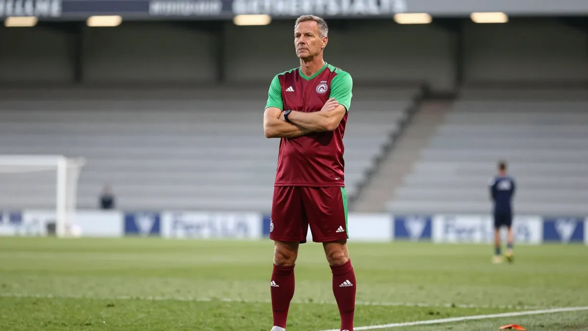 A 50-year-old, 5'10" NEC Nijmegen assistant coach, wearing a plain, dark red and green, polyester home kit with a subtle...