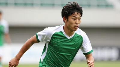 A photorealistic image of a 22-year-old Japanese player in a green and white jersey, with a white collar and a green...