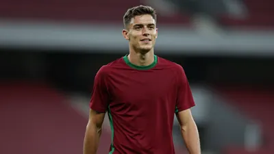 Mid-20s athletic midfielder, lean build, waist-up, wearing a plain dark-red and green training shirt with smooth cotton...