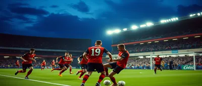 A dramatic night-time Champions League clash on a rain-slick pitch, two anonymous forwards sprinting toward the goal: one...
