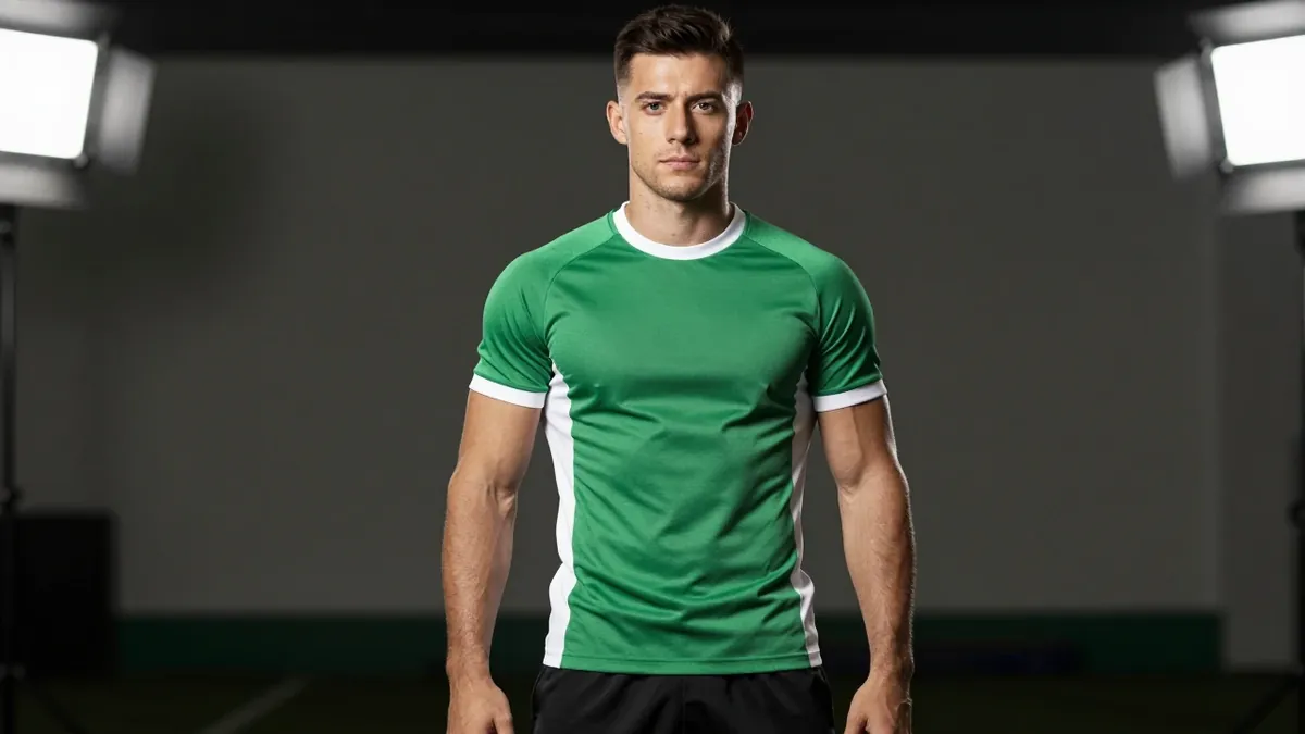A 23-year-old male player with a strong build and a neutral expression, wearing a green and white jersey with a smooth...