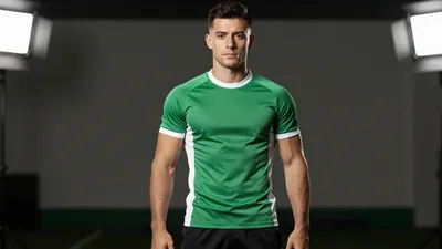 A 23-year-old male player with a strong build and a neutral expression, wearing a green and white jersey with a smooth...