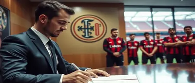 A 37-year-old athletic male footballer, medium build, waist-up, smiling confidently as he holds a signed contract paper;