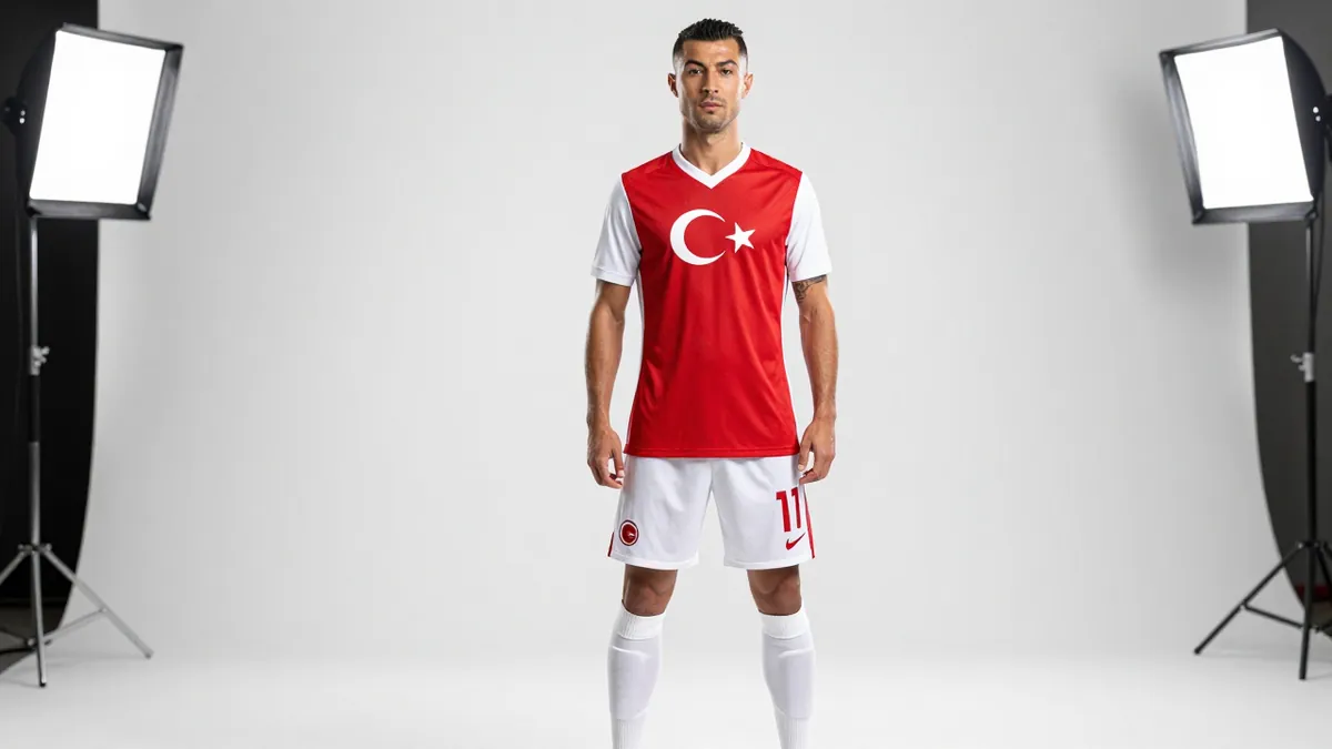 A 30-year-old Turkish striker wearing a red and white jersey with a white collar, a white pair of shorts, and white...