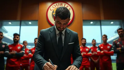 Başar Önal, 22, sprinting down the left wing on a lush green pitch, clutching a white football, wearing a plain red shirt...